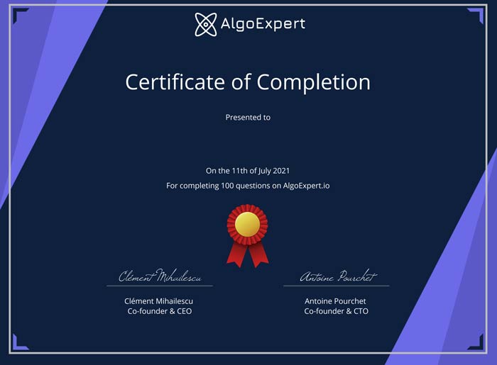 AlgoExpert certificate AlgoExpert certificate.
