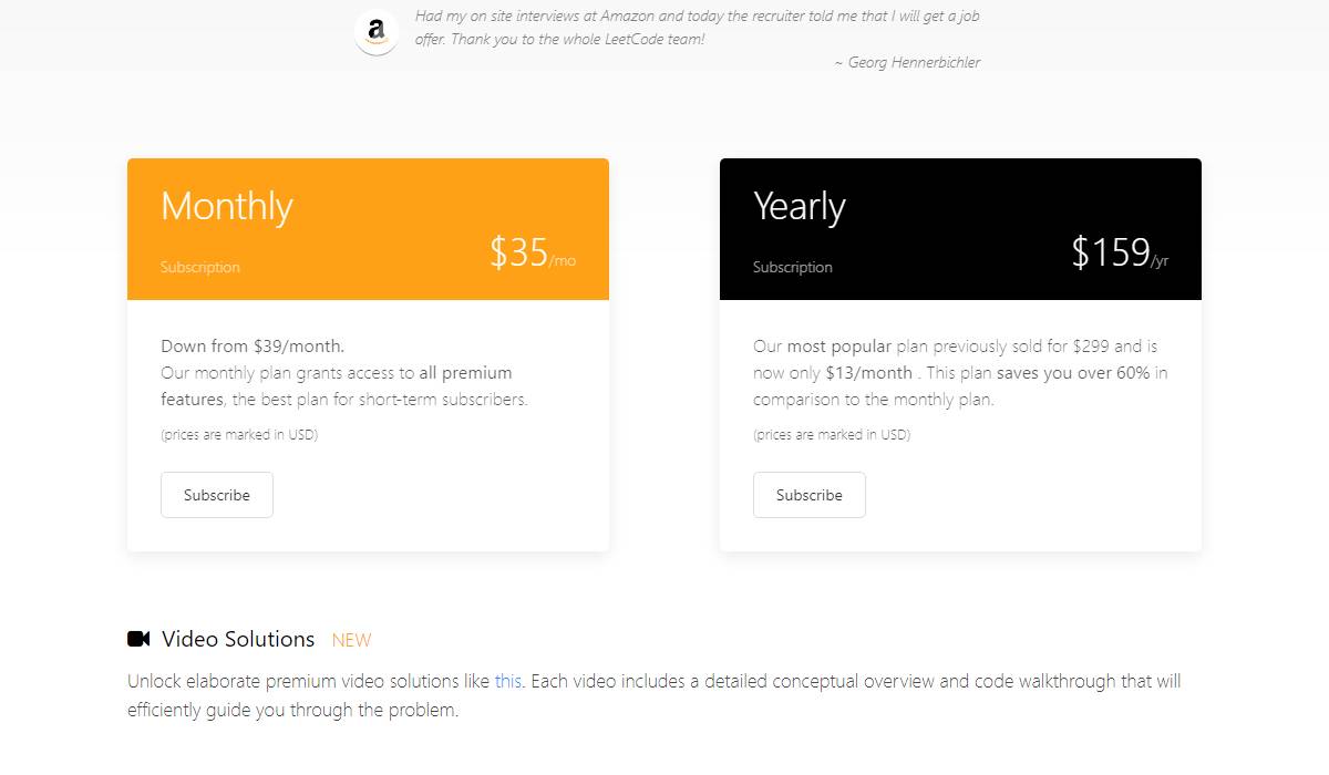 LeetCode pricing chart Screenshot of LeetCode pricing page.
