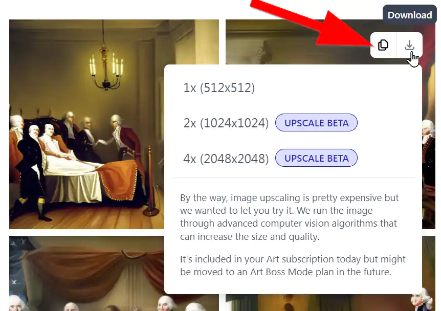 Screenshot showing how to download the AI generated image from Jasper Art Screenshot showing how to download the AI generated image from Jasper Art