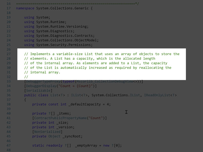 C# List implements a variable-size List that uses an array of objects to store the elements. A List has a capacity, which is the allocated length of the internal array. As elements are added to a List, the capacity of the List is automatically increased as required by reallocating the internal array.