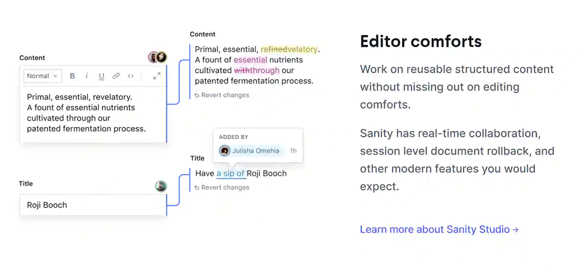 Powerful real-time collaboration editor. Screenshot of Sanity real-time collaboration editor.