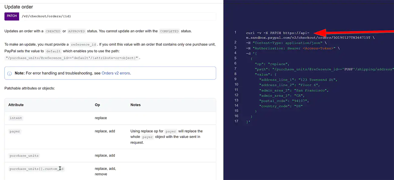 PayPal PATCH example.
