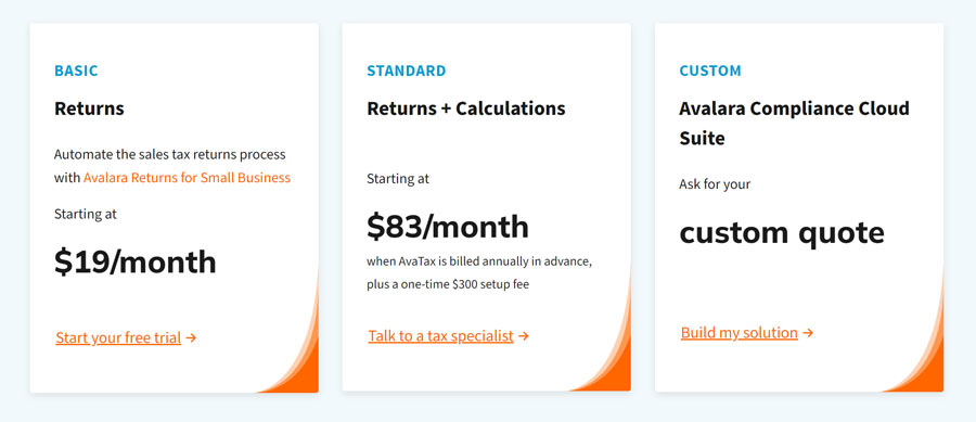 Avalara Pricing Avalara pricing page screenshot