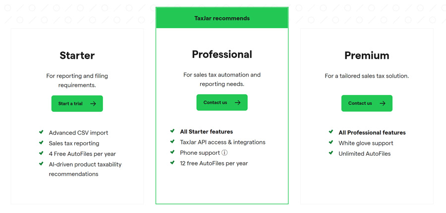 TaxJar Pricing TaxJar pricing page screenshot